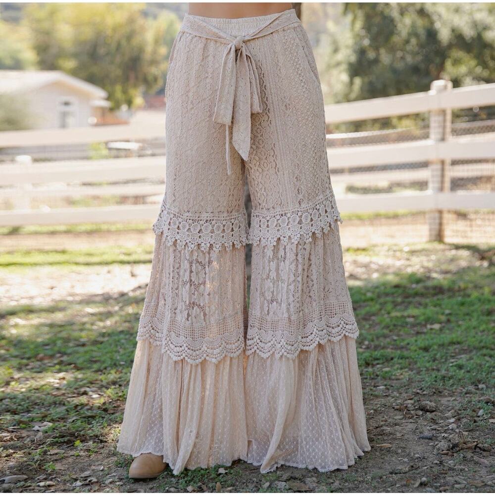 NEW Young Threads Desert Dream Cloud Latte Tiered Lace Net Trims Cotton Pants - Picture 2 of 16